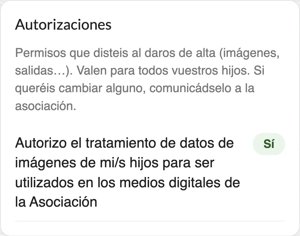 Bloque de autorizaciones dentro de la zona de socio de la App: la autorización de uso de imágenes con la respuesta «Sí» y el aviso de que valen para todos los hijos y de que los cambios se comunican a la asociación.