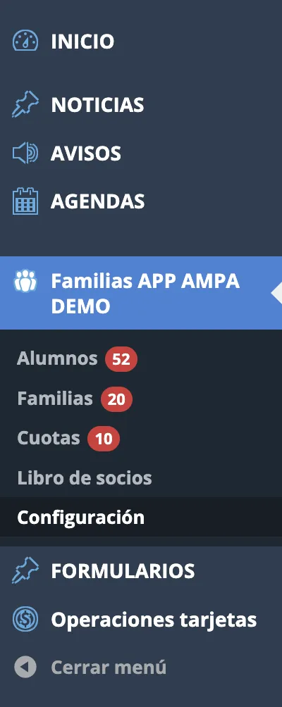 Menú lateral del panel del AMPA: Inicio, Noticias, Avisos, Agendas y, desplegado, el menú de Familias con Alumnos (52), Familias (20), Cuotas (10), Libro de socios y Configuración. Debajo, Formularios y Operaciones tarjetas.